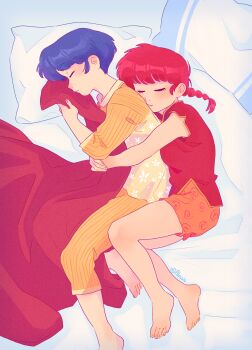 Rule 34 | 2girls, absurdres, alesshiart, barefoot, blanket, blue hair, braid, breasts, chinese clothes, commentary, english commentary, highres, hug, hug from behind, medium breasts, multiple girls, orange pajamas, orange shorts, pajamas, pillow, ranma-chan, ranma 1/2, red hair, short hair, shorts, signature, single braid, sleeping, spooning, tendou akane, yuri