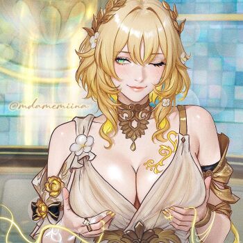 1girl ;) aglaea_(honkai:_star_rail) blonde_hair breast_tattoo breasts cleavage commentary dress english_commentary gold_tattoo grabbing_own_breast green_eyes honkai:_star_rail honkai_(series) indoors jewelry large_breasts laurel_crown looking_at_viewer mdamemiina one_eye_closed ring short_hair smile solo tattoo thread twitter_username upper_body white_dress yellow_nails