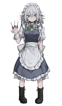 Rule 34 | 1girl, absurdres, apron, between fingers, black boots, blue dress, blue eyes, boots, bow, bowtie, braid, breasts, closed mouth, collared shirt, commentary request, dress, frilled apron, frills, frown, full body, green bow, green bowtie, grey hair, hair between eyes, hair bow, highres, hisha (kan moko), holding, holding knife, izayoi sakuya, knife, knives between fingers, lace-up boots, long hair, looking at viewer, maid, maid headdress, puffy short sleeves, puffy sleeves, shirt, short hair, short sleeves, simple background, solo, standing, tachi-e, touhou, twin braids, waist apron, white apron, white background, wrist cuffs