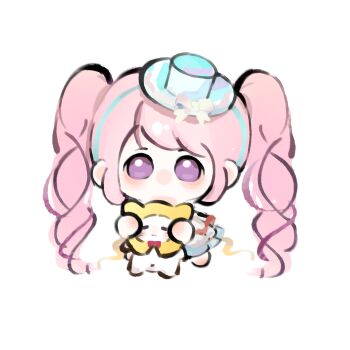 Rule 34 | 1girl, = =, absurdly long hair, animal, barefoot, blue hairband, blue hat, bow, bowtie, cat, chibi, chinese commentary, cloak, clothed animal, commentary request, dance till dawn (infinity nikki), dress, drill hair, ear covers, fengmi youzi hua, frilled dress, frills, hairband, hat, hat bow, highres, holding, holding animal, holding cat, hood, hood up, hooded cloak, infinity nikki, light blush, light particles, lolita fashion, long dress, long hair, looking at viewer, mini hat, mini top hat, momo (nikki), navel, nikki (series), no mouth, official alternate color, pink hair, pleated dress, purple eyes, red bow, red bowtie, standing, top hat, traditional bowtie, twin drills, twintails, very long hair, whiskers, white background, white bow, white cat, white dress, yellow cloak