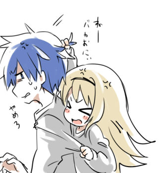 &gt;_&lt; 1boy 1girl alternate_costume anger_vein angry annoyed arm_up behind_another blonde_hair blue_eyes blue_hair brother_and_sister chaos;head frown furrowed_brow grabbing_another&#039;s_hair grey_shirt holding_another&#039;s_hair long_hair long_sleeves looking_back lowres mamimu_(ma-mi-mu.me) nishijou_nanami nishijou_takumi open_mouth science_adventure shirt shirt_tug siblings simple_background small_sweatdrop translation_request upper_body v-shaped_eyebrows