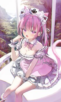1girl anchor_print anchor_symbol animal_ears aqua_hair between_legs blush bow bowtie breasts cat_ears cat_girl cat_tail chromatic_aberration cleavage collar collarbone commentary day detached_collar dress frilled_dress frilled_wristband frills hand_between_legs highres hololive landscape large_breasts legs long_hair looking_at_viewer maid_headdress minato_aqua minato_aqua_(8th_costume) multicolored_hair official_alternate_costume official_alternate_hairstyle open_mouth pink_bow pink_bowtie pink_dress pink_eyes pink_hair river scenery single_bare_shoulder solo streaked_hair tail tree twintails two-tone_hair valley virtual_youtuber white_collar white_headdress yoko-chan_(mijizukeyoko)