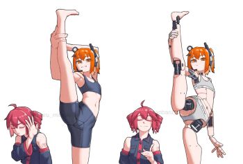 2girls a.i._voice adachi_rei ahoge android black_bra black_shorts bra closed_eyes closed_mouth drakeposting_(meme) drill_hair grey_bra grey_panties hand_up headset highres joints kanbaru_mitsuki kasane_teto kasane_teto_(utau) meme multiple_girls navel orange_eyes orange_hair panties red_hair robot_joints shorts simple_background split standing standing_on_one_leg standing_split twin_drills underwear underwear_only utau white_background
