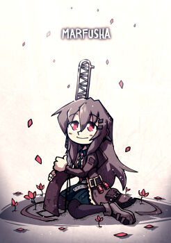 1girl blush commission full_body hair_between_eyes hair_ornament hairclip highres leaning_on_weapon light_brown_hair long_hair sentinel_girls marfusha_(sentinel_girls) petals red_eyes setz sitting smile solo very_long_hair wariza