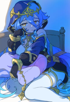 1girl absurdres bare_shoulders black_gloves blue_dress blue_hood blue_sleeves breasts bright_pupils commentary_request detached_sleeves dot_nose dress drill_hair drill_sidelocks feet_out_of_frame genshin_impact gloves half-closed_eyes hand_on_own_cheek hand_on_own_face highres hood hood_up indoors layla_(genshin_impact) long_hair long_sleeves looking_at_viewer lying medium_breasts mochihuman on_bed parted_lips pointy_ears sidelocks sitting solo star_ornament thighhighs very_long_hair white_pupils white_thighhighs yellow_eyes yokozuwari