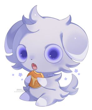 :o commentary cookie espurr fang flower_symbol food full_body gen_6_pokemon highres holding holding_cookie holding_food iwasi_29 nintendo no_humans open_mouth pokemon pokemon_(creature) pokemon_focus purple_eyes simple_background solo twitter_username watermark white_background