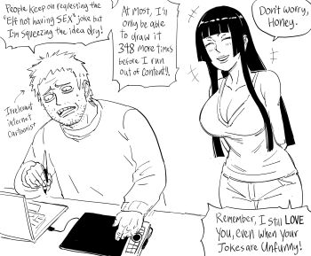 +++ 1boy 1girl arms_behind_back arrow_(symbol) artist_self-insert bags_under_eyes bb_(baalbuddy) blunt_bangs blush breasts cleavage collarbone computer cowboy_shot drawing_tablet english_text facial_hair greyscale happy highres hime_cut hime_cut_wife_(baalbuddy) holding holding_stylus husband_and_wife laptop large_breasts light_blush long_hair long_sleeves monochrome open_mouth original pants shirt short_hair simple_background sketch smile speech_bubble standing stubble stylus sweat talking teeth text_focus upper_body white_background