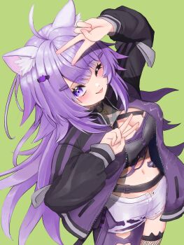 1girl absurdres animal_ear_fluff animal_ear_legwear animal_ears black_jacket black_shirt blush breasts cat_ear_legwear cat_ears cat_girl commentary_request double_v fishnet_thighhighs fishnets green_background hair_ornament hairpin halterneck highres hololive jacket large_breasts long_hair looking_at_viewer nekomata_okayu nekomata_okayu_(personya_respect) official_alternate_costume one_eye_closed open_fly open_mouth pantyhose purple_eyes purple_hair purple_pantyhose remynoue shirt shorts single_leg_pantyhose smile solo thighhighs v very_long_hair virtual_youtuber white_shorts