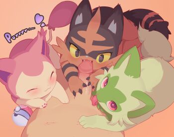 1boy 3others animal_ears bestiality black_eyes black_fur blush cat_ears cat_tail claws closed_mouth completely_nude cooperative_fellatio erection fellatio gen_3_pokemon gen_7_pokemon gen_9_pokemon green_fur group_sex highres licking licking_penis litten looking_at_viewer multiple_others nintendo nude open_mouth oral orange_fur penis pink_eyes pink_fur poke_ball pokemon pokemon_(creature) pokephilia pov pov_crotch raxea skitty sprigatito tail teamwork_(sexual) tongue tongue_out two-tone_fur uncensored