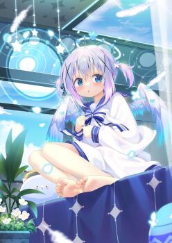1girl :o angel angel_wings angora_rabbit barefoot blue_eyes blue_hair blue_sailor_collar blue_wings commentary_request crossed_bangs dress falling_feathers feathered_wings feathers feet flat_chest flower full_body gochuumon_wa_usagi_desu_ka? gradient_hair gradient_wings hair_between_eyes hair_flower hair_ornament halo highres indoors kafuu_chino long_sleeves looking_at_viewer multicolored_hair multicolored_wings open_mouth purple_hair rabbit sailor_collar sailor_dress short_hair short_twintails sidelocks sitting soles solo taku_michi tippy_(gochiusa) toes twintails two-tone_hair two-tone_wings white_dress white_halo white_wings wings x_hair_ornament