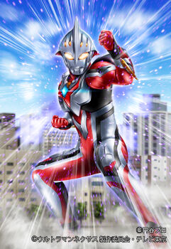 1boy alien batayan black_skin building city color_timer colored_skin commentary_request copyright_notice emphasis_lines giant highres light_particles multicolored_skin official_art outdoors red_skin silver_skin solo tokusatsu ultra_series ultraman_nexus ultraman_nexus_(series) ultraman_nexus_junis yellow_eyes