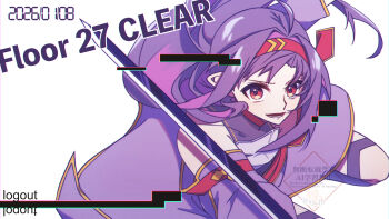 Rule 34 | 1girl, absurdres, armor, bare shoulders, breastplate, commentary request, headband, highres, holding, holding sword, holding weapon, leotard, long hair, neosight, open mouth, purple hair, purple leotard, red eyes, red headband, smile, solo, sword, sword art online, weapon, yuuki (sao)