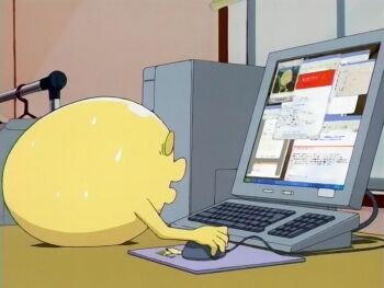 00s anime_screenshot cable clothes_hanger computer computer_keyboard computer_tower full_body indoors keyboard microsoft_windows monitor mouse_(animal) ninin_ga_shinobuden no_humans non-web_source onsokumaru solo sweatdrop window_(computing) windows_xp yellow_eyes