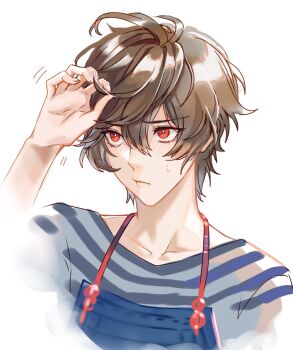 Rule 34 | 1boy, apron, brown hair, closed mouth, commentary, cropped arms, cropped torso, english commentary, granblue fantasy, grey shirt, hair between eyes, hand in own hair, highres, male focus, oyakorodesu, red eyes, sandalphon (granblue fantasy), shirt, short hair, simple background, solo, striped clothes, striped shirt, white background