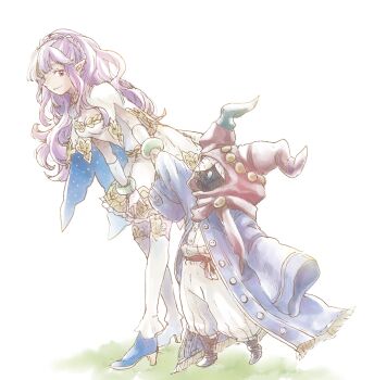 1girl 1other animal_ear_hood another_eden arm_up bangle belt black_boots black_skin blue_coat blue_eyes blue_shoes boots bracelet braid breasts buttons capelet cleavage closed_mouth coat colored_skin commentary_request crown_braid detached_hood detached_leggings dress elbow_gloves fake_animal_ears fingerless_gloves from_side full_body gloves gold_trim hand_on_own_thigh hatching_(texture) height_difference high_heels holding_hands hood hood_up jewelry leaning_forward leggings linear_hatching long_hair long_pointy_ears long_sleeves looking_at_another looking_to_the_side medium_breasts michibata_65 open_clothes open_coat pants pants_tucked_in patchwork_clothes pointy_ears poporo_(another_eden) purple_hair radica_(another_eden) red_belt red_eyes shirt shirt_tucked_in shoes short_dress sidelocks sideways_glance simple_background sleeves_past_fingers sleeves_past_wrists smile standing two-sided_capelet two-sided_fabric wavy_hair white_background white_capelet white_dress white_gloves white_hair white_leggings white_pants white_shirt wide_sleeves