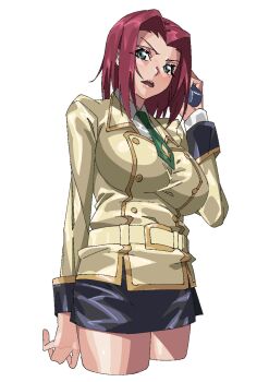 1girl ashford_academy_school_uniform blue_eyes breasts code_geass female_focus highres kouzuki_kallen large_breasts looking_at_viewer on_the_phone open_mouth paintedmike parted_bangs red_hair school_uniform simple_background skirt standing white_background