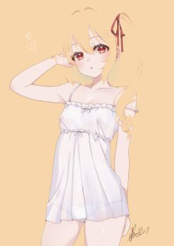 1girl absurdres bare_shoulders blending blonde_hair chemise collarbone commentary_request cowboy_shot flandre_scarlet flat_chest hair_between_eyes hair_ribbon hand_in_own_hair hand_up haruki_(colorful_macaron) highres long_hair looking_at_viewer one_side_up panties panty_peek parted_lips red_eyes red_ribbon ribbon signature solo strap_slip touhou underwear white_chemise white_panties yellow_background