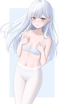 1girl absurdres blue_background blue_eyes blush breasts codename696 commentary_request highres long_hair long_sleeves looking_at_viewer mole mole_under_eye navel original panties panties_under_pantyhose pantyhose pointy_ears simple_background small_breasts solo underwear white_hair white_panties white_pantyhose