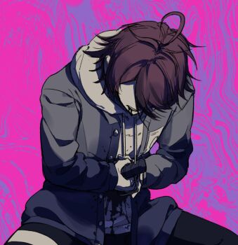 1boy ahoge black_pants black_streaks bleeding blood blood_from_mouth blood_on_clothes commentary drawstring english_commentary grey_jacket holding holding_knife hood hoodie jacket jacket_over_hoodie knife male_focus multicolored_hair no_eyes open_clothes open_jacket pants pink_background purple_background r314dor red_hair self-harm short_hair stab streaked_hair sumino_takumi the_hundred_line_-last_defense_academy- two-tone_background white_hoodie