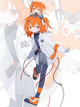 Rule 34 | 1girl, a.i. voice, adachi rei, belt pouch, black pantyhose, black shirt, cable, character doll, doll, doll on head, full body, fumo (doll), gloves, grey shorts, hair ribbon, hashtag-only commentary, highres, hood, hood down, hooded jacket, jacket, long sleeves, looking at viewer, one side up, open clothes, open jacket, orange eyes, orange hair, pantyhose, pantyhose under shorts, pouch, ribbon, sakakiai, shirt, shoes, shorts, sneakers, solo, standing, standing on one leg, utau, white gloves, white jacket, white ribbon, zoom layer