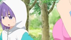 1boy 2girls animated anime_screenshot between_breasts blindfold blue_eyes blush bouncing_breasts breasts brown_hair closed_eyes dragon_girl dragon_horns embarrassed exercising face_to_breasts goddes green_hair hetero hood hoodie horns huge_breasts jacket jogging jump_rope jumping kobayashi-san_chi_no_maidragon leash lucoa_(maidragon) magatsuchi_shouta midriff monster_girl multicolored_hair multiple_girls outdoors pants park purple_eyes purple_hair running shorts shota sit-up sound sports_bra squatting video