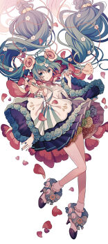 Rule 34 | 1girl, absurdres, amagi hana, ankle garter, apron, aqua hair, bare shoulders, blue bow, blue eyes, blue flower, blue nails, blue rose, boots, bow, cleavage cutout, clothing cutout, collared apron, commentary request, detached sleeves, dress, dress flower, eyelashes, floating hair, flower, flower underskirt, footwear bow, frilled sleeves, frilled socks, frills, full body, green flower, green rose, hair flower, hair ornament, hair ribbon, hatsune miku, high heel boots, high heels, highres, layered sleeves, light frown, long hair, looking at viewer, low-tied long hair, magical mirai (vocaloid), magical mirai miku, magical mirai miku (2021), multicolored boots, nail polish, orange flower, orange rose, parted lips, petals, pink flower, pink ribbon, pleated dress, purple boots, purple dress, purple flower, purple rose, red flower, red rose, ribbon, rose, shirt, short dress, signature, sleeveless, sleeveless dress, socks, solo, striped bow, twintails, two-tone boots, very long hair, vocaloid, white apron, white background, white boots, white flower, white shirt, wide sleeves, yellow flower, yellow rose