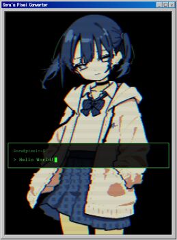 1girl ameniwa black_background blue_hair blue_skirt choker chromatic_aberration commentary drawstring english_commentary english_text expressionless glitch half-closed_eyes hand_in_pocket heads-up_display highres hood hooded_jacket jacket long_sleeves open_clothes open_jacket original pixelated pleated_skirt scanlines simple_background skirt solo sora's_pixel_converter standing twintails user_interface window_(computing)