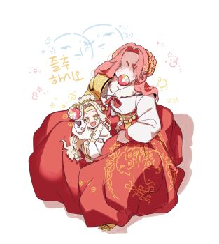 1280x720 1boy 1girl blonde_hair brother_and_sister elden_ring hanbok highres korean_clothes long_hair malenia_blade_of_miquella miquella_(elden_ring) prosthesis prosthetic_arm red_hair siblings white_hanbok