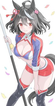 Rule 34 | 1girl, ahoge, animal ears, black boots, black hair, blush, boots, breasts, cleavage, cleavage cutout, closed mouth, clothing cutout, cropped shirt, flag, hair between eyes, hair ornament, highres, holding, holding flag, horse ears, horse girl, horse tail, kitasan black (umamusume), kurama (jpjvn42ej6tug5n), large breasts, long sleeves, looking at viewer, multicolored hair, navel, race queen, red eyes, red skirt, short hair, skirt, smile, solo, stomach, streaked hair, tail, thigh boots, umamusume, white hair