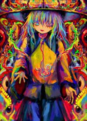Rule 34 | 1girl, brain, chromatic aberration, colorful, cowboy shot, disembodied eye, fetus, hat, highres, komeiji koishi, long hair, long sleeves, looking at viewer, noose, one eye closed, open mouth, reverinth, shirt, standing, stitched eye, touhou, wide sleeves