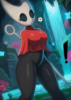 ! 1boy 1girl absurdres arthropod_boy arthropod_girl black_cloak black_eyes black_skin blue_flower breasts cloak colored_skin flower grass heart highres holding holding_needle holding_weapon hollow_knight hollow_knight:_silksong hornet_(hollow_knight) horns knight_(hollow_knight) large_breasts looking_at_viewer mask needle needle_(hollow_knight) red_cloak red_flower red_rose rose sparkle speech_bubble spoken_heart standing thick_thighs thighs tony_welt water waterfall weapon white_mask wide_hips