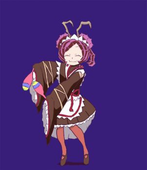 1girl animated animated_gif antennae apron arthropod_girl bishoujo_senshi_sailor_moon bishoujo_senshi_sailor_moon_crystal bishoujo_senshi_sailor_moon_s brown_kimono brown_pantyhose brown_shoes closed_eyes closed_mouth commentary dancing derivative_work double_bun english_commentary entoma_vasilissa_zeta fangs full_body hair_bun holding holding_instrument instrument japanese_clothes kimono lesk_serg long_sleeves looping_animation lowres maid maid_headdress maracas mary_janes meme monster_girl overlord_(maruyama) pantyhose purple_background purple_hair sailor_moon_redraw_challenge_(meme) screenshot_redraw shoes short_hair skin_fangs sleeves_past_wrists smile solo the_monkey_(dance) white_apron