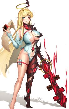 1girl absurdres angel angel_wings barefoot black_sclera blue_bridal_gauntlets blue_eyes blue_one-piece_swimsuit breasts bridal_gauntlets card center_opening character_request cleavage colored_sclera commentary commission corruption demon_girl english_commentary feathered_wings full_body halo hand_up heterochromia highres holding holding_card holding_sword holding_weapon large_breasts leiden_yaegore long_hair looking_at_viewer mismatched_sclera one-piece_swimsuit parted_lips red_eyes shadow simple_background smile solo swept_bangs swimsuit sword thigh_strap trading_card weapon white_background wings yellow_halo yu-gi-oh!