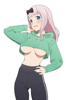 Rule 34 | 1girl, absurdres, blue eyes, blush, breasts, cameltoe, coro fae, cowboy shot, d:, fujiwara chika, green hoodie, highres, hood, hood down, hoodie, kaguya-sama wa kokurasetai ~tensai-tachi no renai zunousen~, large breasts, leggings, long hair, long sleeves, open mouth, pink hair, simple background, solo, sportswear, underboob, white background