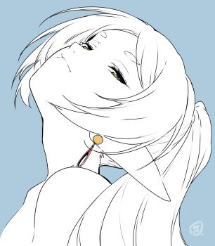 bare_shoulders blue_background elf eyelashes frieren green_eyes highres limited_palette lineart meme partially_colored pointy_ears simple_background sousou_no_frieren take_shinobu upper_body upward_angle_frieren_drawing_(meme)