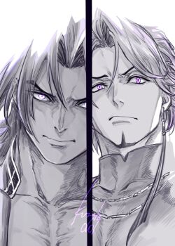 2boys bhima_(fate) duryodhana_(fate) earrings facial_hair fate/grand_order fate_(series) forrd0101 frown goatee goatee_stubble greyscale jewelry large_pectorals long_hair male_focus mature_male monochrome multiple_boys muscular muscular_male pectoral_cleavage pectorals portrait purple_eyes purple_hair serious split_screen spot_color stubble thick_eyebrows