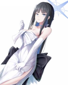 1girl bare_shoulders black_hair blue_archive blue_eyes blue_hair blue_halo braid breasts choker cleavage colored_inner_hair commentary_request elbow_gloves flower gloves hair_flower hair_ornament half_up_braid halo highres large_breasts long_hair looking_at_viewer multicolored_hair official_alternate_costume official_alternate_hairstyle parted_lips saori_(blue_archive) saori_(dress)_(blue_archive) sidelocks smile solo tooto_(ryuto333) two-tone_hair white_choker white_flower white_gloves