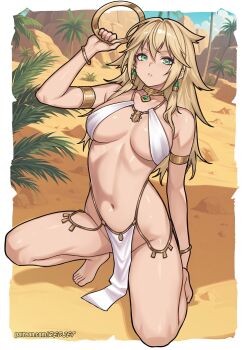 1girl armlet artist_name bare_shoulders barefoot blonde_hair bracelet breasts dancer desert gold_armlet gold_bracelet green_eyes harem_outfit highres jewelry kneeling long_hair looking_at_viewer medium_breasts navel no_panties original outdoors palm_tree patreon_username pelvic_curtain redjet revealing_clothes shiny_skin solo spread_legs tree underboob watermark web_address