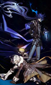 Rule 34 | 2boys, akaneya (akaneya1484), antenna hair, arm behind back, artist name, belt, black belt, black boots, black capelet, black coat, black gloves, blue eyes, blue hair, boots, capelet, closed mouth, coat, collared capelet, commentary request, fighting stance, flins (genshin impact), floating hair, fur-trimmed coat, fur trim, genshin impact, gloves, gradient hair, grey coat, grey hair, grey pants, grey ribbon, hair over one eye, hand up, highres, holding, holding lantern, illuga (genshin impact), knee pads, lantern, leg warmers, long hair, long sleeves, looking at viewer, male focus, multicolored hair, multiple boys, one eye covered, pants, parted bangs, red hair, ribbon, serious, short hair, sleeve cuffs, standing, thigh strap, twitter username, two-tone hair, v-shaped eyebrows, very long hair, watermark, white leg warmers, yellow ribbon