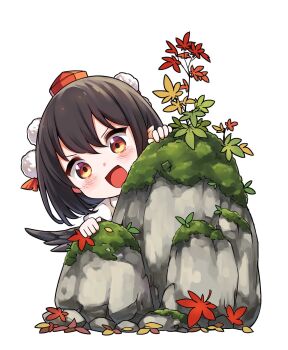 1girl :d autumn_leaves black_hair black_wings boulder commentary_request hat hiding highres leaf looking_at_viewer maple_leaf moss open_mouth pom_pom_(clothes) red_eyes red_hat shameimaru_aya short_hair simple_background smile solo tatuhiro tokin_hat touhou v-shaped_eyebrows white_background wings