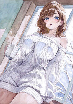 1girl absurdres blue_eyes blush breasts brown_hair commentary_request cowboy_shot cup day highres holding holding_cup indoors large_breasts lensia long_hair long_sleeves looking_at_viewer mug off-shoulder_sweater off_shoulder open_mouth original painting_(medium) parted_bangs ribbed_sweater snow solo sweater traditional_media watercolor_(medium) white_sweater winter