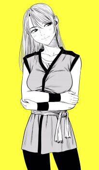 1girl breasts chinese_clothes commentary_request cowboy_shot crossed_arms eyebrows_hidden_by_hair greyscale_with_colored_background hatching_(texture) head_tilt highres lee_(dragon_garou) long_hair medium_breasts original sideways_glance solo wristband yellow_background