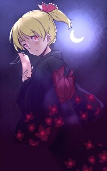 1girl alternate_costume black_kimono blonde_hair charm_(object) commentary_request crescent_moon darkness feet_out_of_frame floral_print floral_print_kimono fog from_behind hair_ribbon holding holding_charm japanese_clothes kimono looking_back moon ponytail print_kimono rangycrow red_eyes red_sash ribbon rumia sash short_hair solo touhou