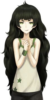 1girl armband bare_shoulders black_shorts blunt_bangs collar collarbone flat_chest forced_smile game_cg green_armband green_collar green_eyes green_hair green_trim hiyajou_maho huke long_hair looking_at_viewer messy_hair nervous_smile nervous_sweating official_art own_hands_together science_adventure shorts smile solo sprite star_(symbol) star_print steins;gate steins;gate_0 striped_clothes striped_shorts sweat tank_top transparent_background very_long_hair