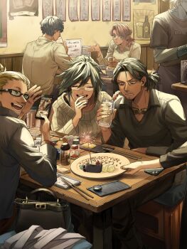 2girls 4boys adam's_apple aizawa_shota bags_under_eyes black_bag black_hair boku_no_hero_academia cake cake_slice chopsticks collared_shirt commentary_request cup facial_hair food goatee_stubble green_eyes highres holding holding_cup holding_phone holding_plate indoors laughing midnight_(boku_no_hero_academia) multiple_boys multiple_girls mustache_stubble phone plate ponytail present_mic ribbed_sweater rnuyvm shirt sitting stubble sweater translation_request white_shirt
