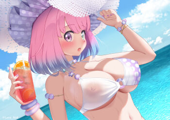 1girl beach bikini blush breasts cup drinking_glass green_eyes hat heterochromia highres himemori_luna holding holding_cup hololive lana_no8 large_breasts looking_at_viewer nail_polish navel ocean open_mouth outdoors pink_hair purple_eyes see-through_bikini see-through_clothes short_hair sky solo swimsuit upper_body virtual_youtuber