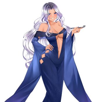 1girl absurdres black_hair blue_dress blue_eyes blue_nails breasts clothing_cutout collarbone cosplay dress evil_smile gradient_hair grey_hair hand_on_own_hip highres hip_vent holding holding_smoking_pipe landacdeus linea_alba long_hair mole mole_on_breast mole_under_eye multicolored_hair multicolored_nails multiple_moles navel nijisanji nijisanji_en plunging_neckline scarle_yonaguni second-party_source smile smoking_pipe solo tan teeth transparent_background two-tone_nails upper_teeth_only virtual_youtuber white_nails wide_sleeves