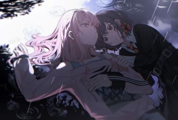 1girl 1other akiyama_mizuki arm_hug belt black_jacket blurry brown_eyes brown_hair depth_of_field hair_down highres jacket kyline long_hair long_sleeves looking_at_another lying necktie off-shoulder_shirt off_shoulder on_back on_side pink_eyes pink_hair pink_shirt project_sekai puddle rain shinonome_ena shirt short_hair tank_top wet wing_collar