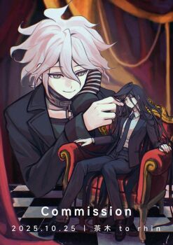 Rule 34 | 2boys, absurdly long hair, belt, black belt, black hair, black jacket, black mittens, black necktie, black pants, brown hair, chain, chain leash, chair, checkered floor, chinese commentary, closed mouth, collar, collared shirt, commentary request, commission, curtains, cyacyacyacyaki, danganronpa (series), danganronpa 2: goodbye despair, danganronpa another episode: ultra despair girls, dated, formal clothes, frown, giant, green shirt, grey eyes, hair between eyes, hand on own cheek, hand on own face, heterochromia, hinata hajime, jacket, kamukura izuru, komaeda nagito, lapels, leash, long hair, long sleeves, male focus, metal collar, mittens, multiple boys, necktie, notched lapels, on chair, open clothes, open jacket, pants, red eyes, servant (danganronpa), shirt, short hair, single mitten, sitting, smile, striped mittens, suit, two-tone mittens, very long hair, watermark, white hair, white mittens, white shirt