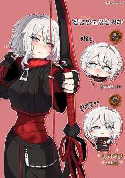 1girl :3 archery black_shorts blue_eyes bow_(weapon) chibi chibi_inset commentary_request covered_navel crop_top faust_(project_moon) gameplay_mechanics highres holding holding_bow_(weapon) holding_weapon korean_commentary korean_text layer_(layer_illust) limbus_company medium_hair multiple_views open_mouth project_moon red_background shi_association_east_uniform shorts tearing_up thumbs_up translation_request weapon white_hair